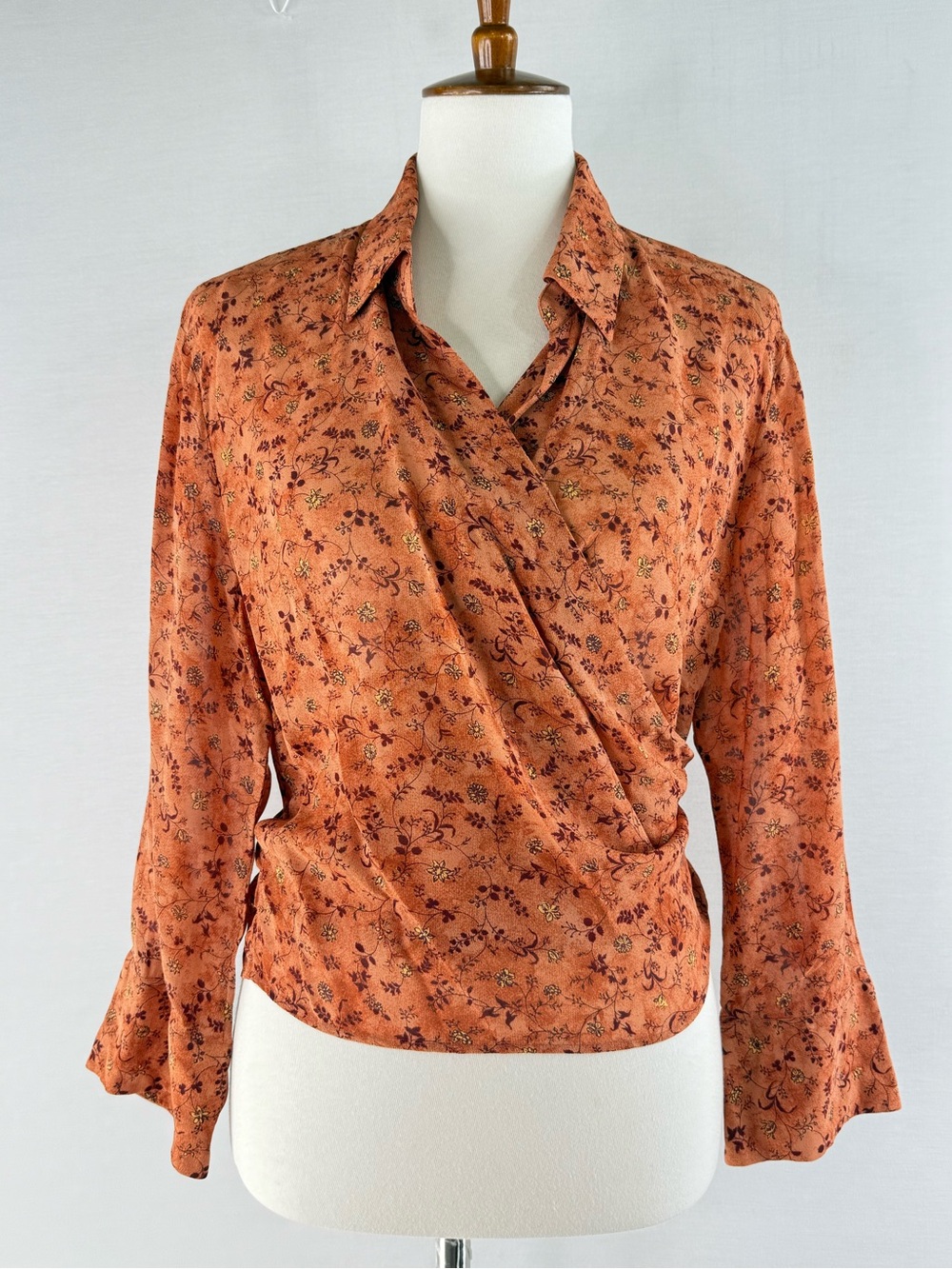 Allan Waller Vintage Italian Rust Orange Floral Long Sleeve Wrap Blouse